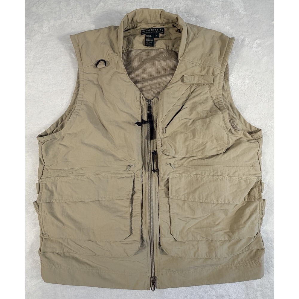 Royal Robbins Vest Men's Sz L‎ Beige Outdoor Travel Utility Full Zip Pockets